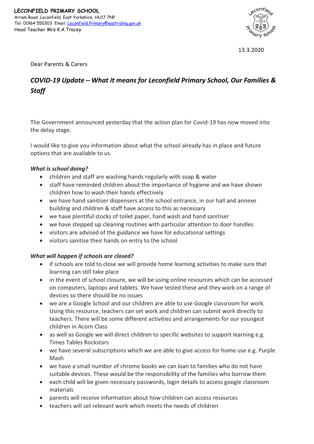 COVID-19 Update – What It Means for Leconfield Primary School, Our Families & Staff