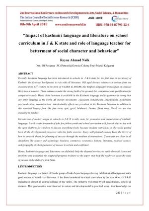 “Impact of Kashmiri Language and Literature on School Curriculum in J & K State and Role of Language Teacher for Betterment of Social Character and Behaviour”