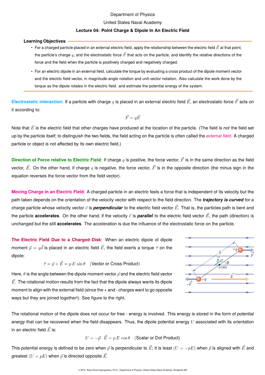 Point Charge & Dipole in an Electric Field Learning Objectives