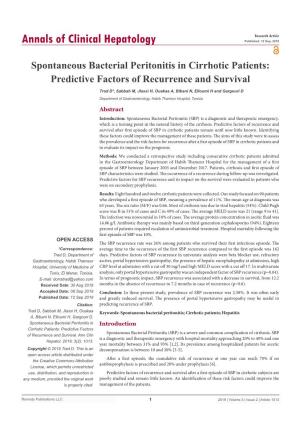 Spontaneous Bacterial Peritonitis in Cirrhotic Patients: Predictive Factors of Recurrence and Survival