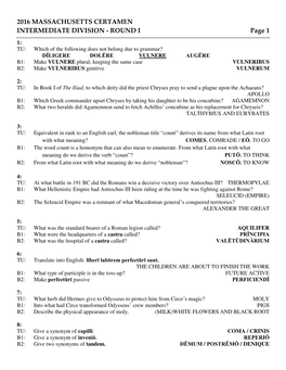 2016 MASSACHUSETTS CERTAMEN INTERMEDIATE DIVISION - ROUND I Page 1