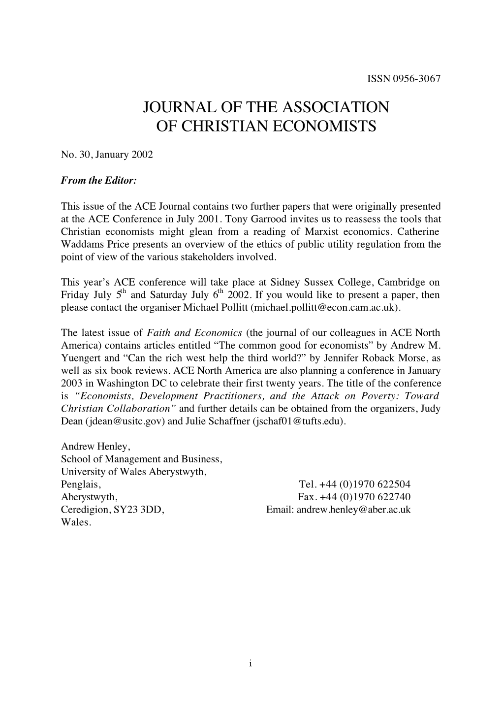 Journal of the Association of Christian Economists