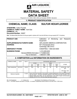 MATERIAL SAFETY DATA SHEET Prepared to U.S