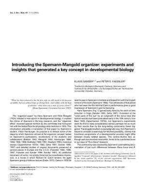 Introducing the Spemann-Mangold Organizer: Experiments and Insights That Generated a Key Concept in Developmental Biology