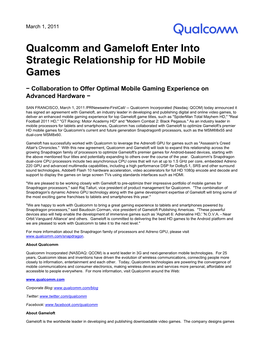 Qualcomm and Gameloft Enter Into Strategic Relationship for HD Mobile Games