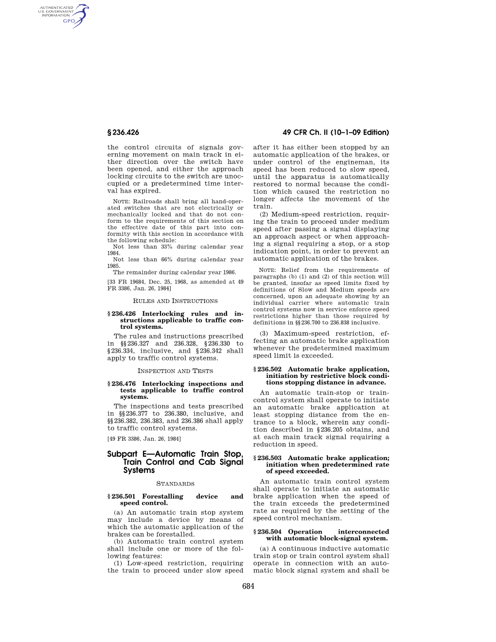 684 Subpart E—Automatic Train Stop, Train Control and Cab Signal