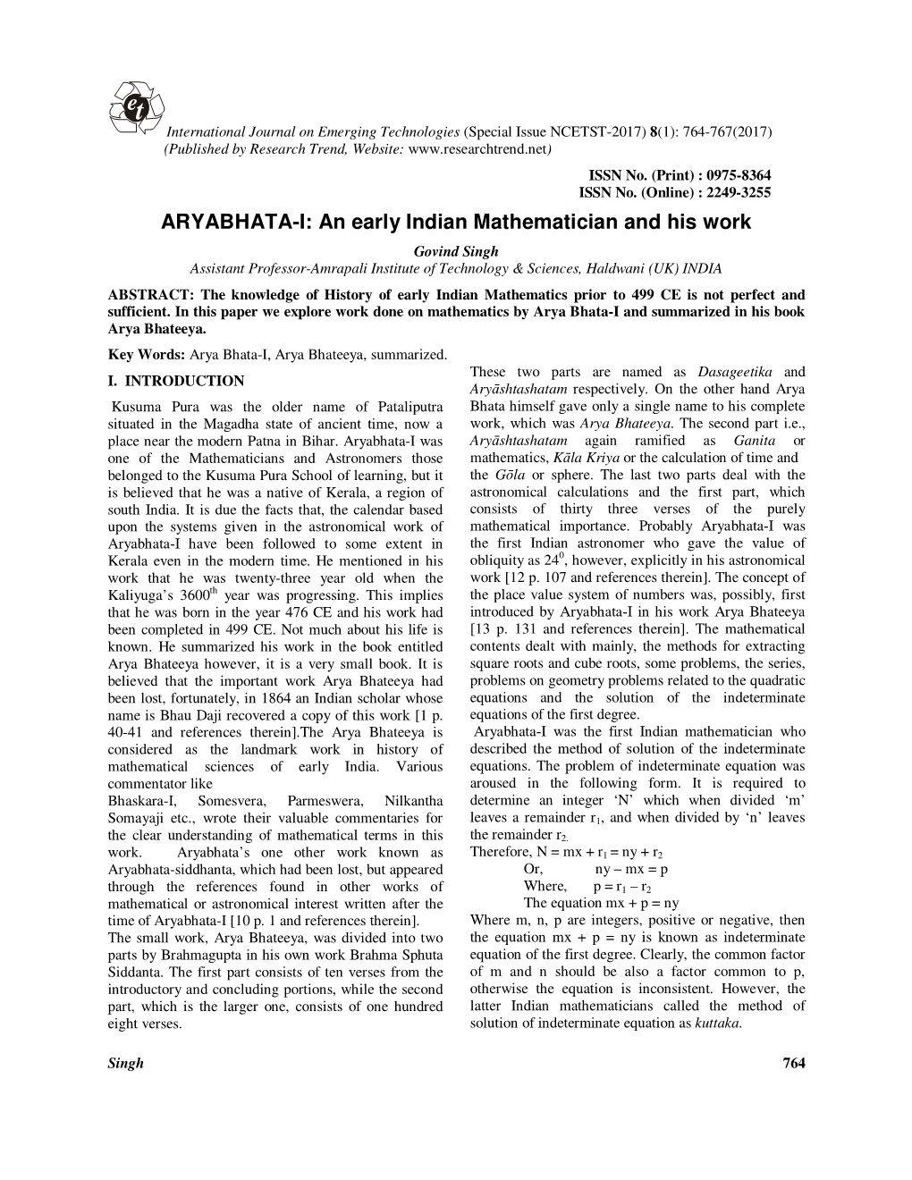 ARYABHATA-I: an Early Indian Mathematician and His Work