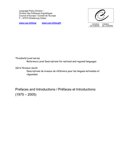 Prefaces and Introductions / Préfaces Et Introductions (1975 – 2005) CONTENTS / SOMMAIRE
