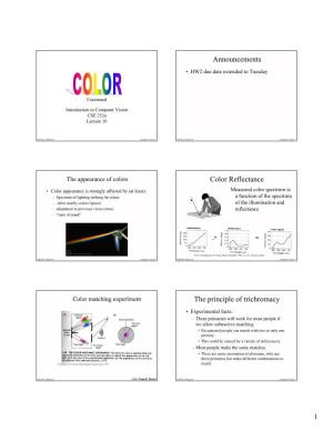 Announcements Color Reflectance the Principle of Trichromacy