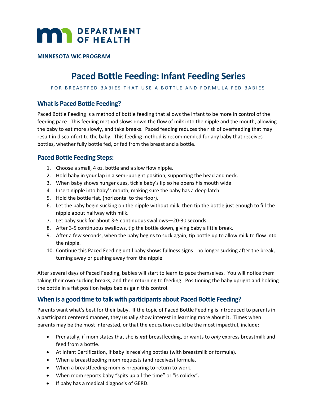 Paced Bottle Feeding: Infant Feeding Series for BREASTFED BABIES THAT USE a BOTTLE and FORMULA FED BABIES