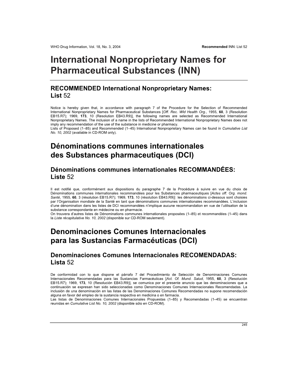 International Nonproprietary Names for Pharmaceutical Substances (INN)