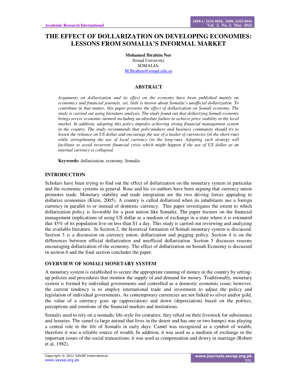 The Effect of Dollarization on Developing Economies: Lessons from Somalia's Informal Market