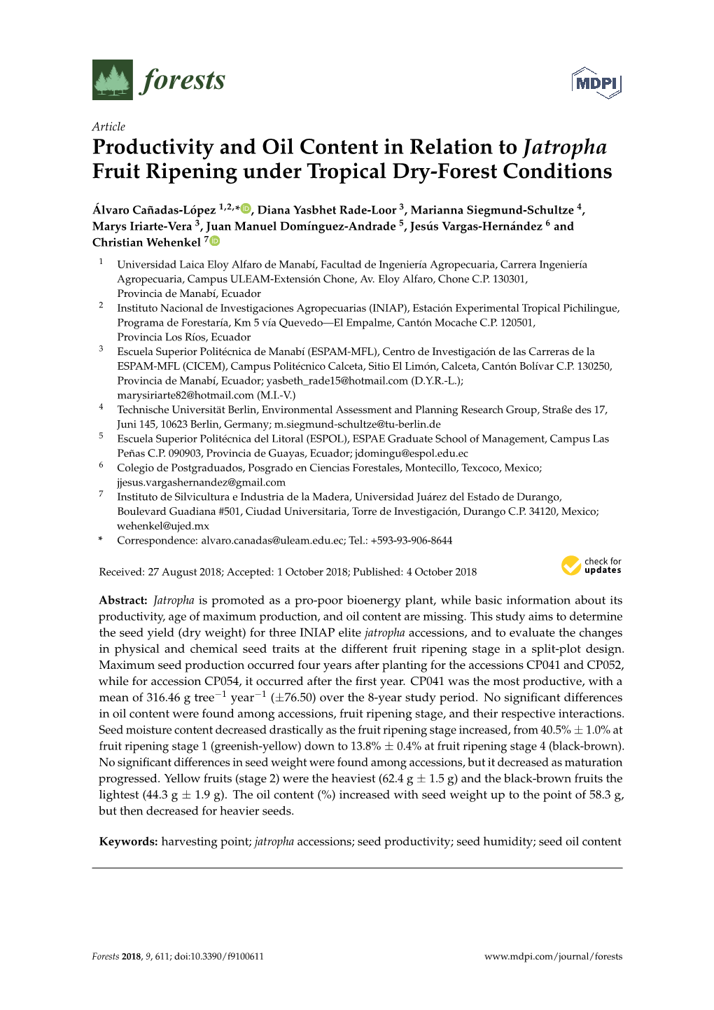 Productivity and Oil Content in Relation to Jatropha Fruit Ripening Under Tropical Dry-Forest Conditions