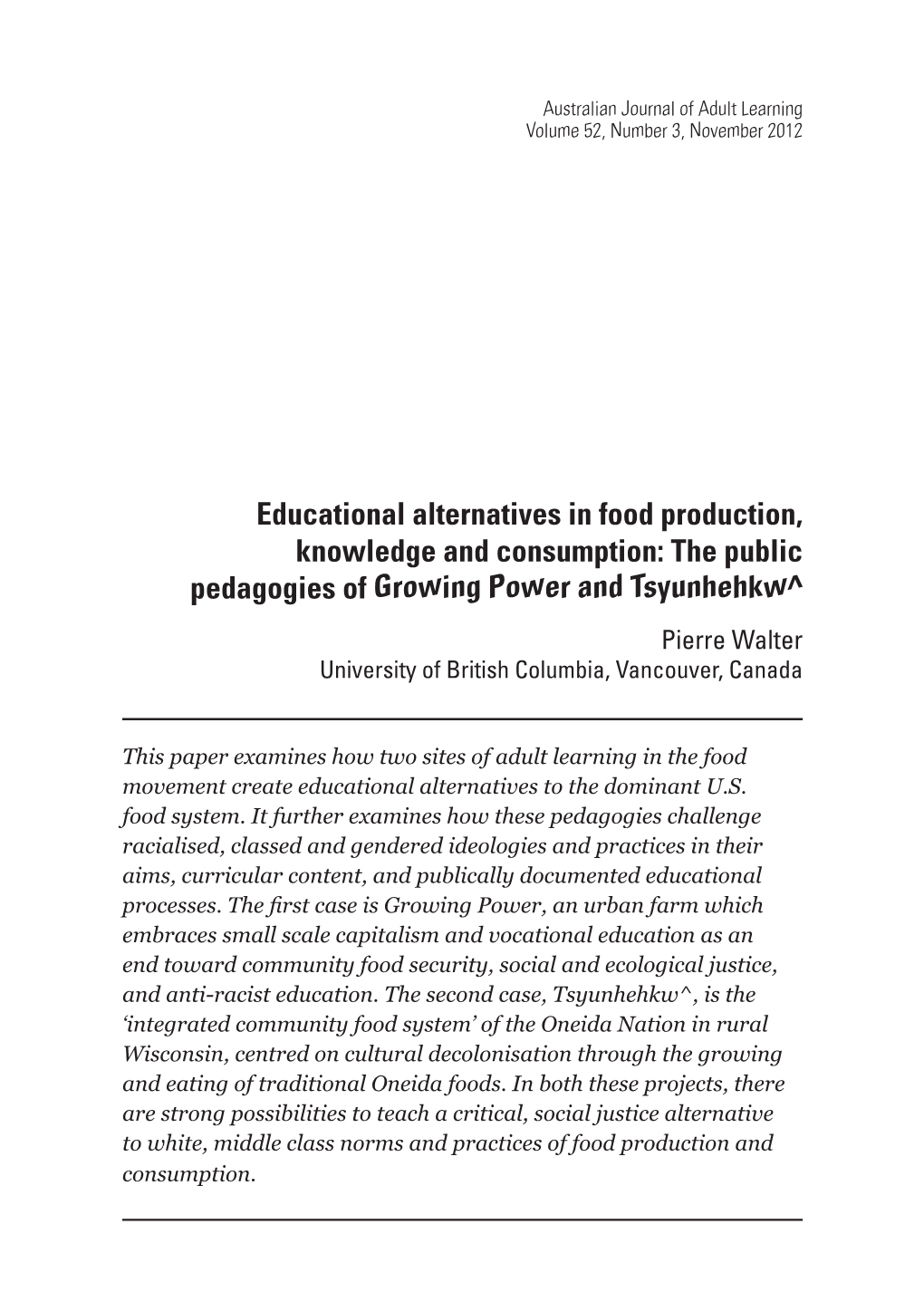 Educational Alternatives in Food Production, Knowledge And