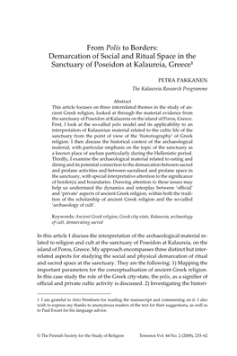 From Polis to Borders: Demarcation of Social and Ritual Space in the Sanctuary of Poseidon at Kalaureia, Greece1