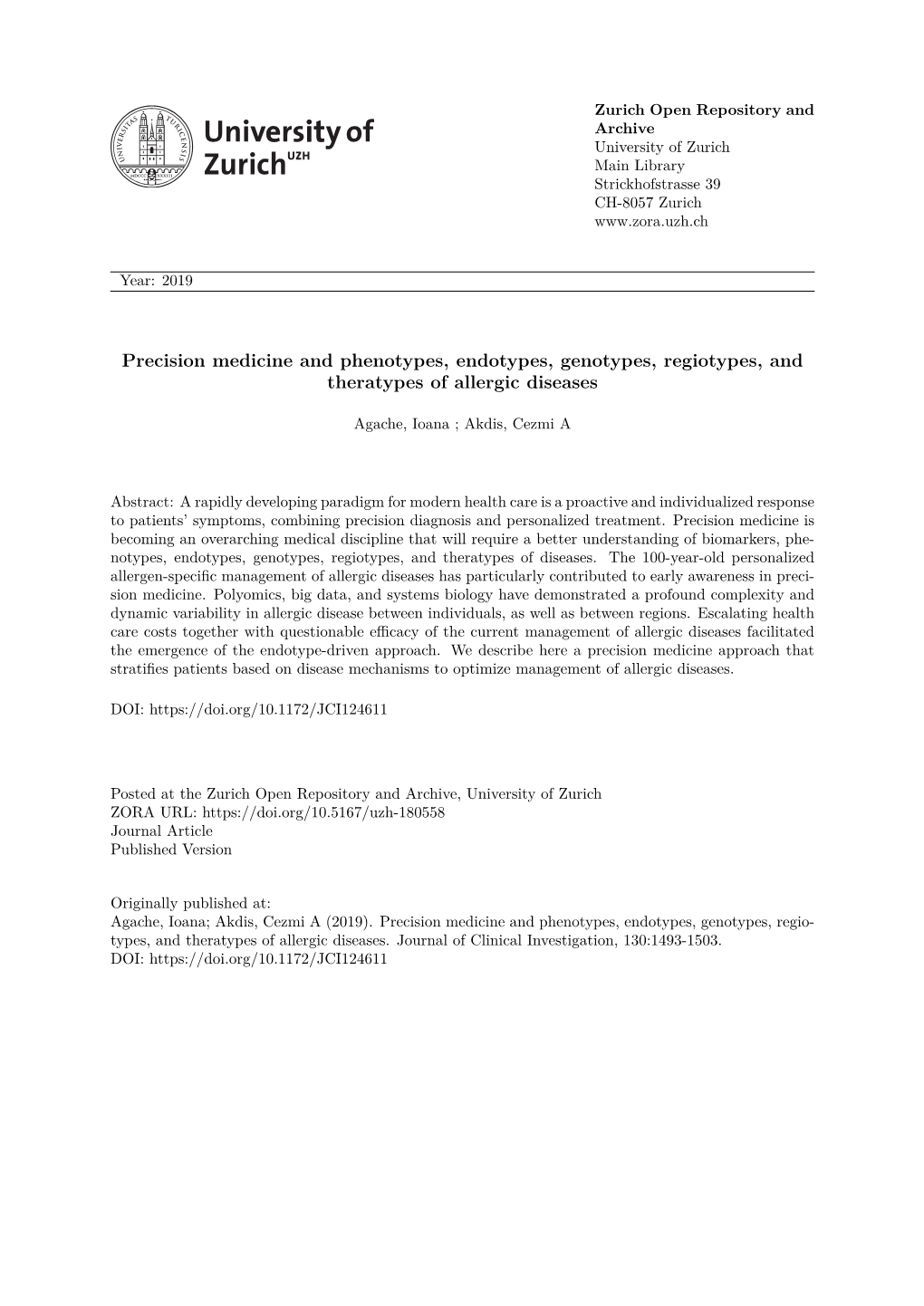 Precision Medicine and Phenotypes, Endotypes, Genotypes, Regiotypes, and Theratypes of Allergic Diseases