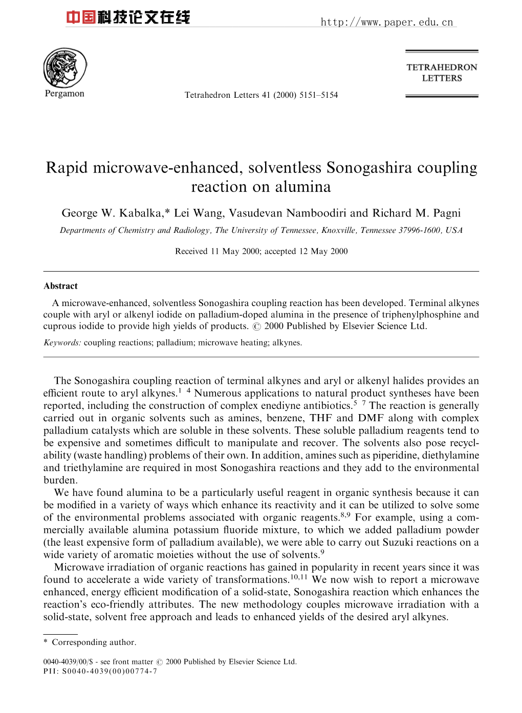 Rapid Microwave-Enhanced, Solventless Sonogashira Coupling Reaction on Alumina