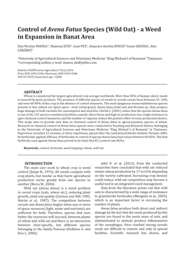 Control of Avena Fatua Species (Wild Oat) - a Weed in Expansion in Banat Area