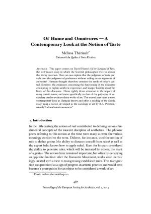 Of Hume and Omnivores — a Contemporary Look at the Notion of Taste Mélissa Thériault* Université Du Québec À Trois-Rivières