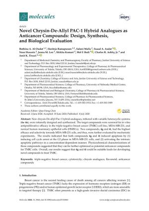 Novel Chrysin-De-Allyl PAC-1 Hybrid Analogues As Anticancer Compounds: Design, Synthesis, and Biological Evaluation