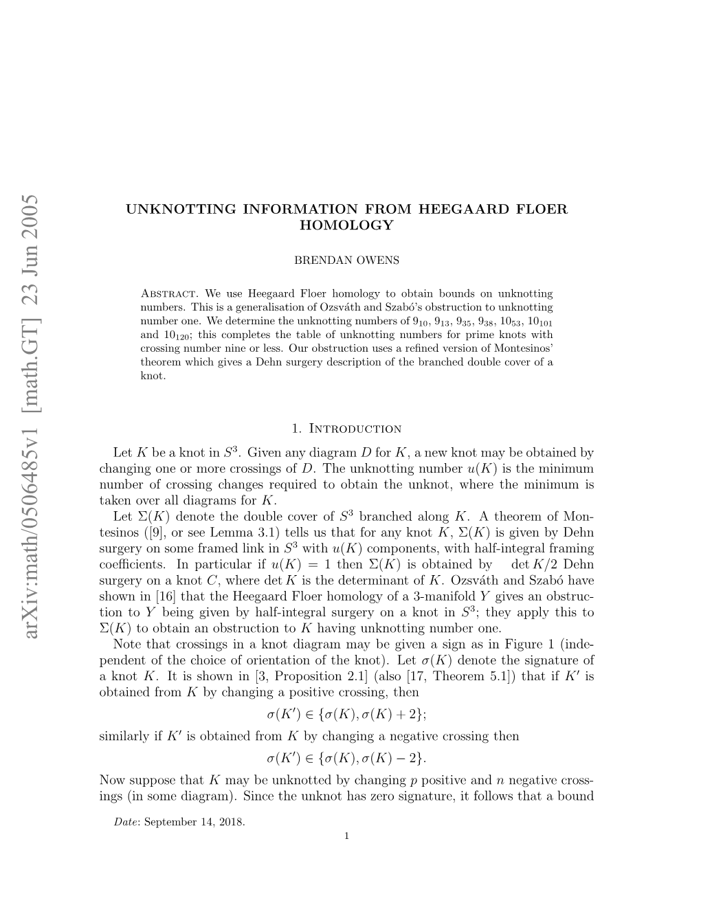 Arxiv:Math/0506485V1 [Math.GT] 23 Jun 2005