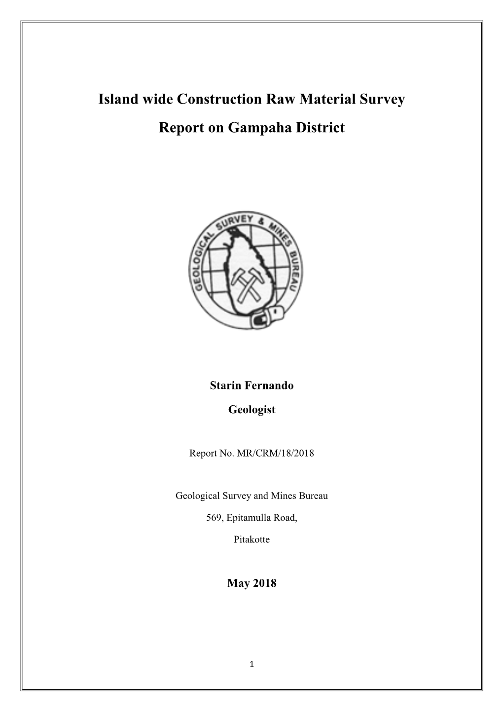 Island Wide Construction Raw Material Survey Report on Gampaha District