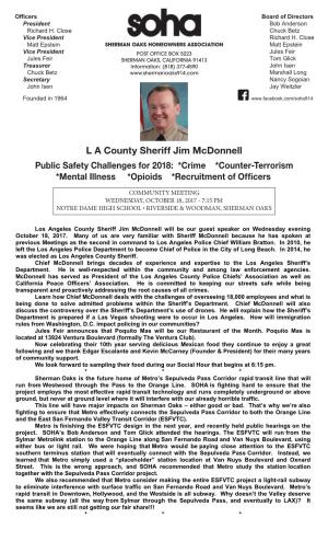 L a County Sheriff Jim Mcdonnell Public Safety Challenges for 2018: *Crime *Counter-Terrorism *Mental Illness *Opioids *Recruitment of Officers