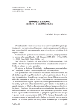 32. Teónimos Hispanos. Addenda Y Corrigenda VII, Por José María