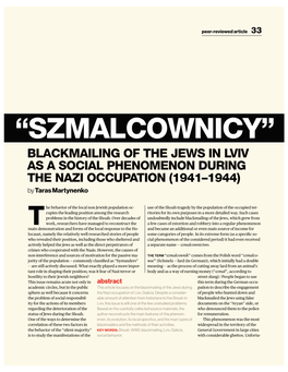“SZMALCOWNICY” BLACKMAILING of the JEWS in LVIV AS a SOCIAL PHENOMENON DURING the NAZI OCCUPATION (1941–1944) by Taras Martynenko
