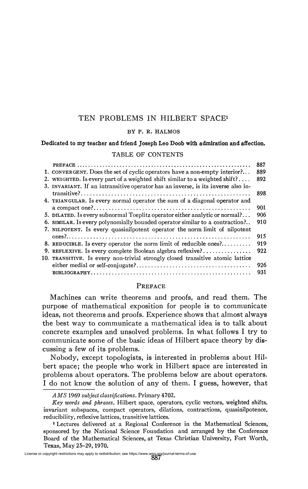 TEN PROBLEMS in HILBERT SPACE1 Dedicated to My Teacher