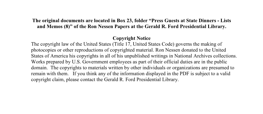 Press Guests at State Dinners - Lists and Memos (8)” of the Ron Nessen Papers at the Gerald R