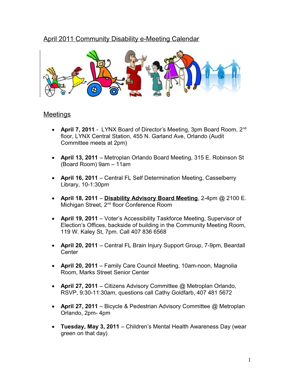 April 2011 Community Disability E-Meeting Calendar