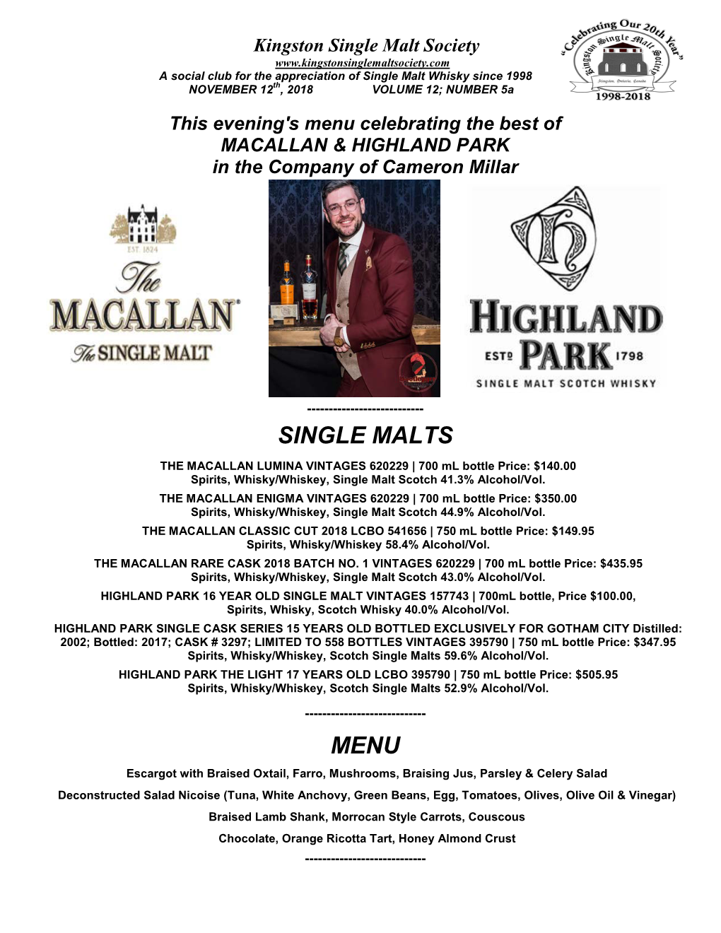 Single Malts Menu