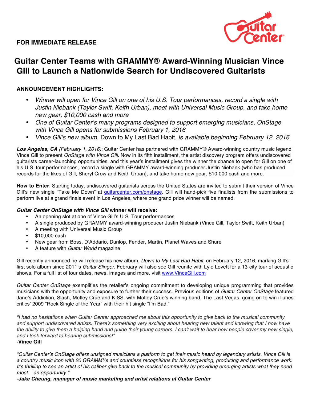 Guitar Center Teams with GRAMMY® Award-Winning Musician Vince Gill to Launch a Nationwide Search for Undiscovered Guitarists