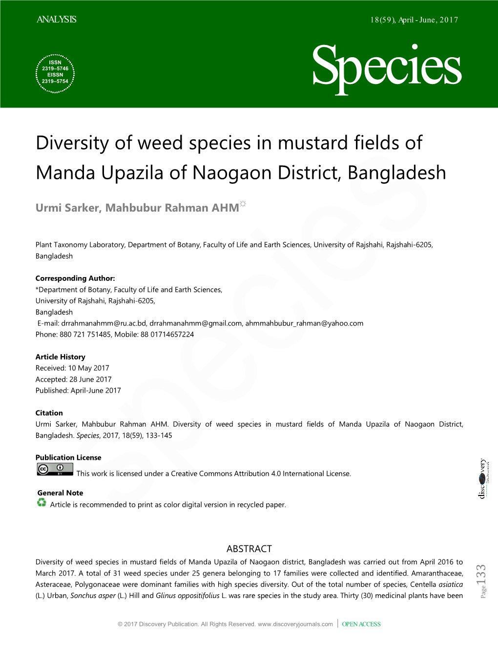 Diversity of Weed Species in Mustard Fields of Manda Upazila of Naogaon District, Bangladesh