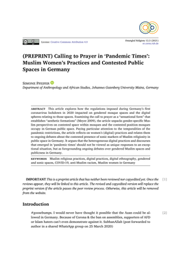 Calling to Prayer in `Pandemic Times': Muslim Women's Practices and Contested Public Spaces in Germany