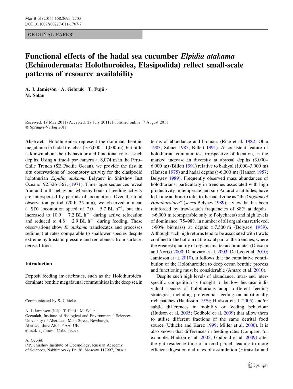 Functional Effects of the Hadal Sea Cucumber Elpidia Atakama (Echinodermata: Holothuroidea, Elasipodida) Reﬂect Small-Scale Patterns of Resource Availability