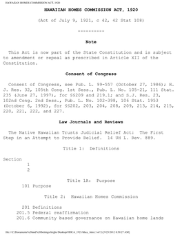 Hawaiian Homes Commission Act, 1920, As Amended