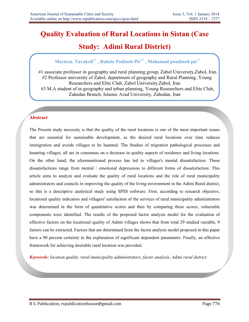 American Journal of Sustainable Cities and Society Issue 3, Vol. 1 January 2014 Available Online on ISSN 2319 – 7277