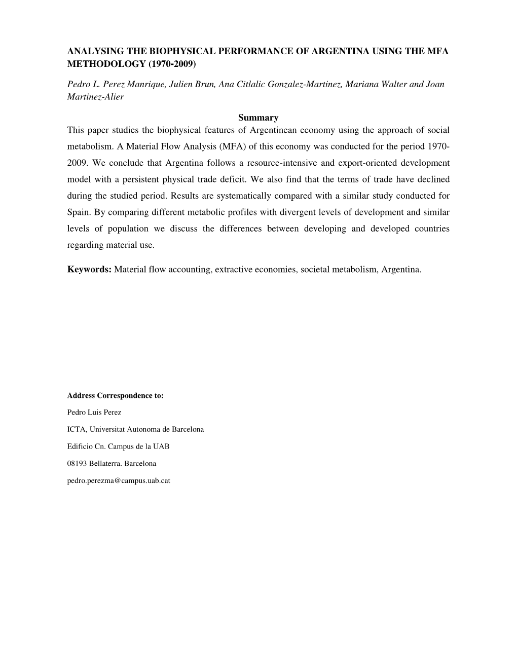 Analysing the Biophysical Performance of Argentina Using the Mfa Methodology (1970 -2009)