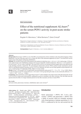 Effect of the Nutritional Supplement Alanerv on the Serum PON1 Activity in Post-Acute Stroke Patients