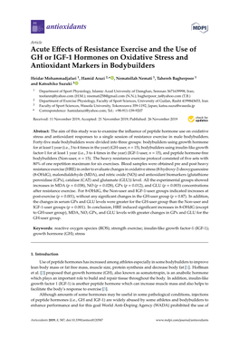 Acute Effects of Resistance Exercise and the Use of GH Or IGF-1 Hormones on Oxidative Stress and Antioxidant Markers in Bodybuil