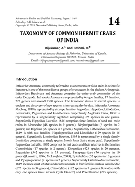 TAXONOMY of COMMON HERMIT CRABS of INDIA Bijukumar, A