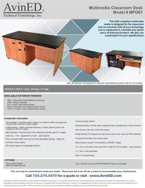 Multimedia Classroom Desk Model # MPD67