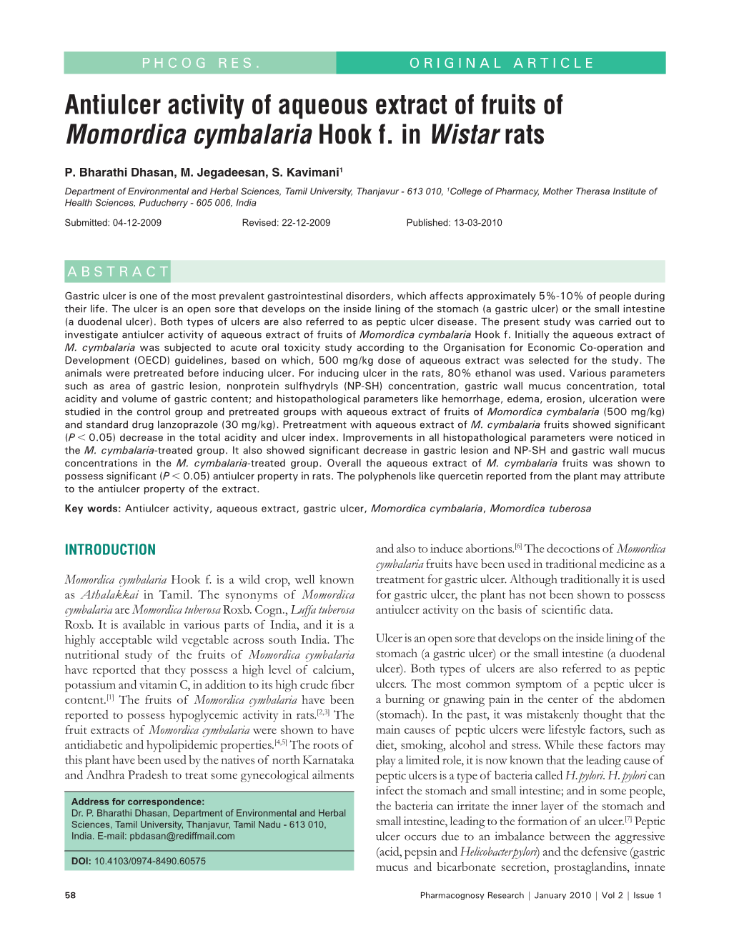 Antiulcer Activity of Aqueous Extract of Fruits of Momordica Cymbalaria Hook F