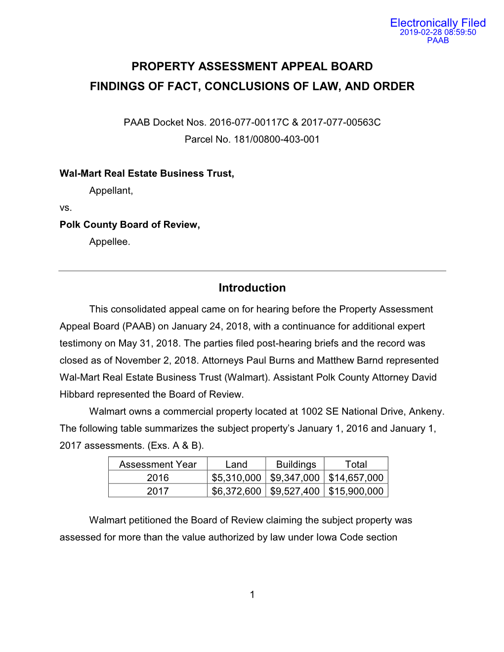 PROPERTY ASSESSMENT APPEAL BOARD FINDINGS of FACT, CONCLUSIONS of LAW, and ORDER Introduction Electronically Filed