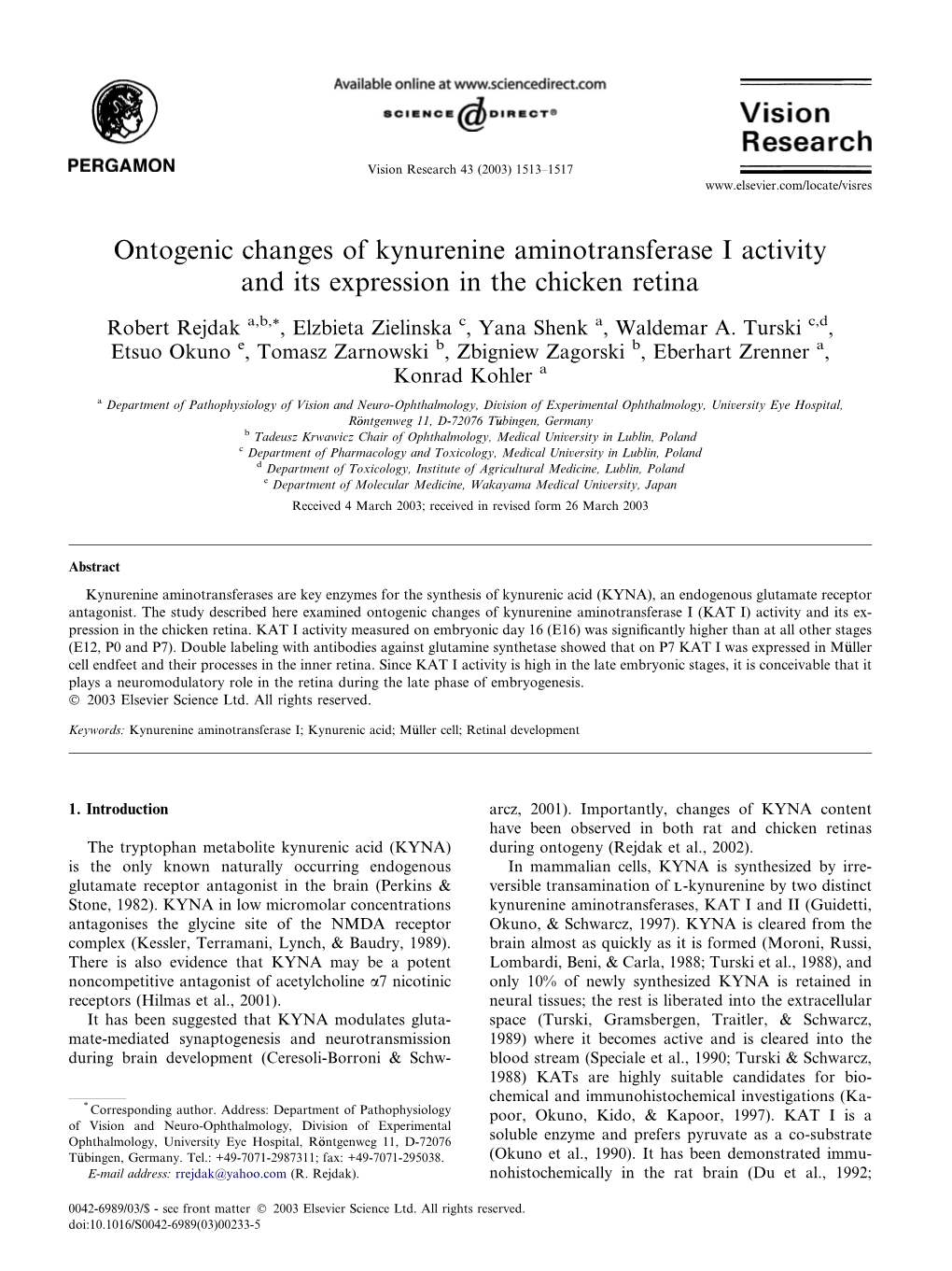 Ontogenic Changes of Kynurenine Aminotransferase I Activity and Its Expression in the Chicken Retina