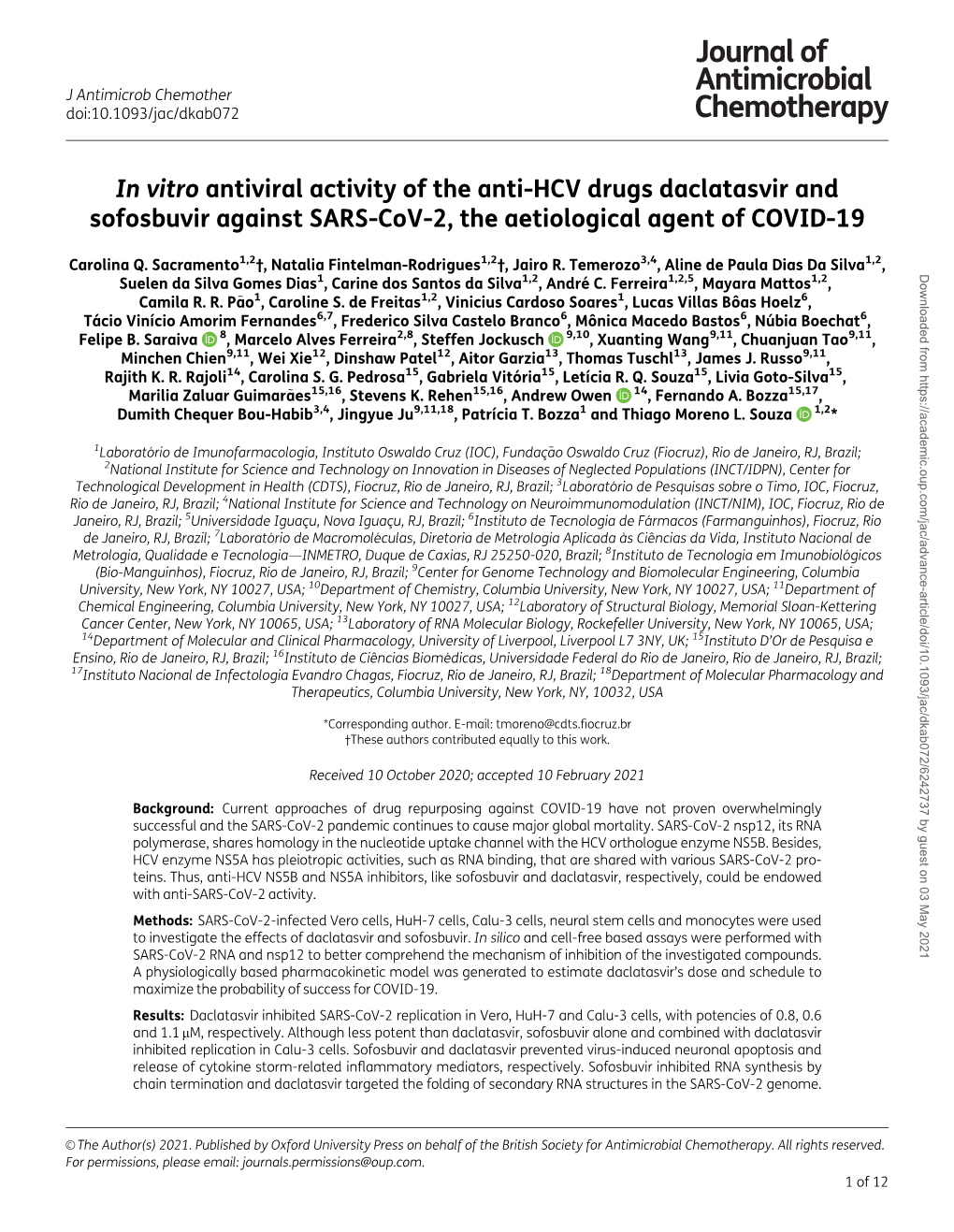 In Vitro Antiviral Activity of the Anti-HCV Drugs Daclatasvir and Sofosbuvir Against SARS-Cov-2, the Aetiological Agent of COVID-19