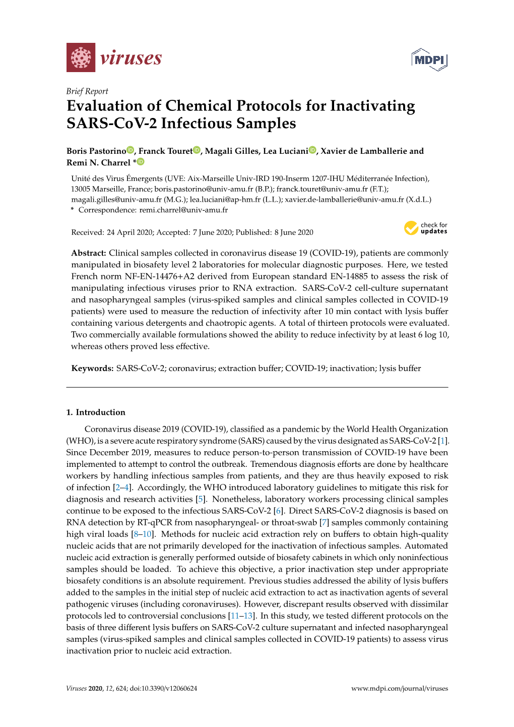 Evaluation of Chemical Protocols for Inactivating SARS-Cov-2 Infectious Samples