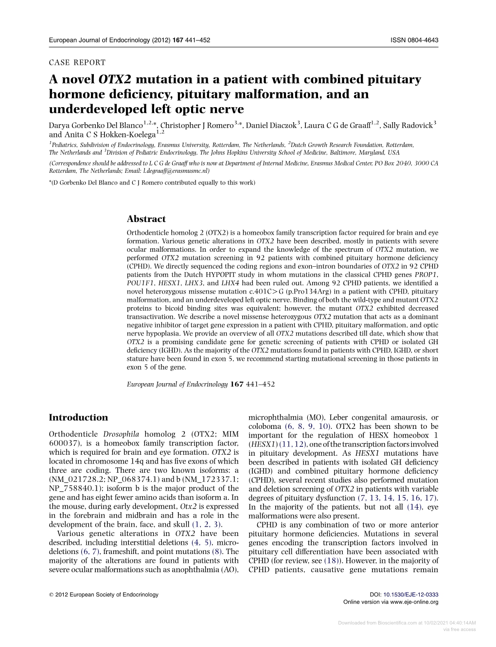 A Novel OTX2 Mutation in a Patient with Combined Pituitary Hormone